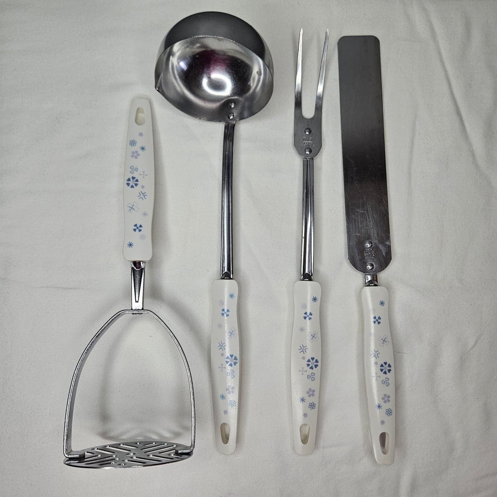 Vtg‎ EKCO USA Stainless Steel Kitchen Utensil Set 4pc Blue Snowflake White MCM